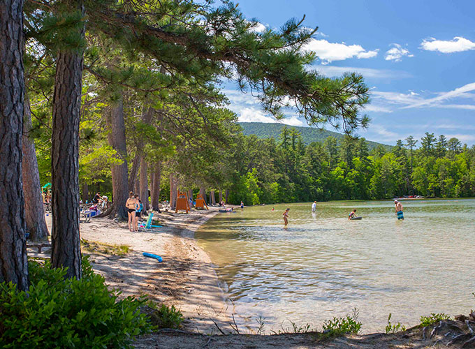 white lake with dock and kayaks