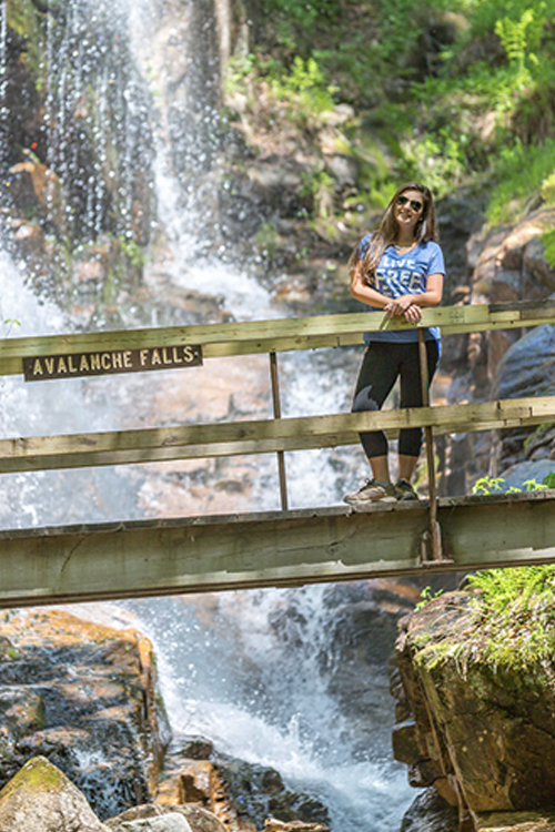 women on walkway by falls