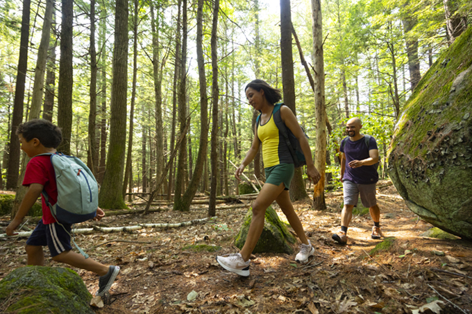 family hiking at pawtuckaway state park