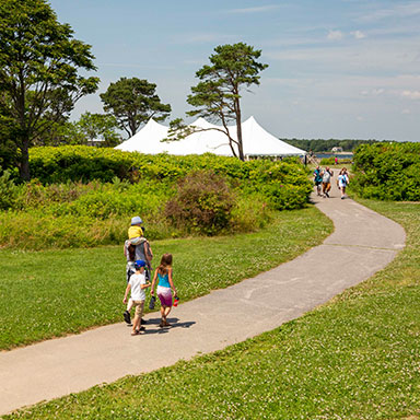 a couple running down a trail through the park