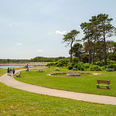 a couple running down a trail through the park