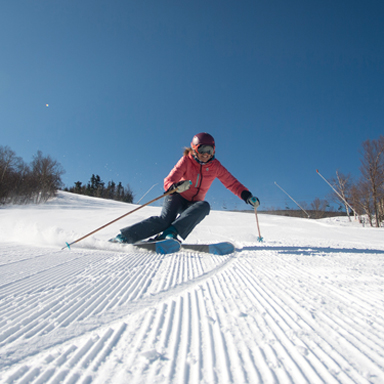 skier and rider under the tram at cannon