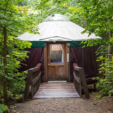 A lodge at a park at night