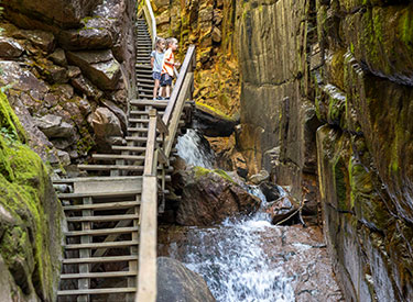 Woman walking down stairs looking at river