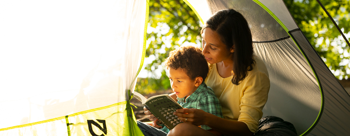 mother and child in tent at pawtuckaway state park