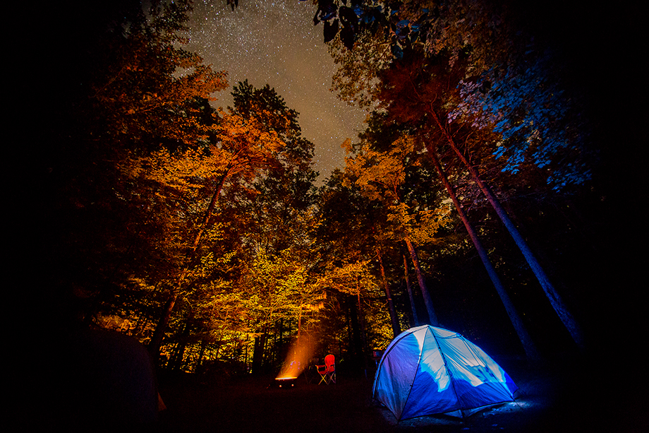 nighttime campsite at pillsbury state park