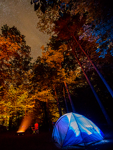 nighttime campsite at pillsbury state park