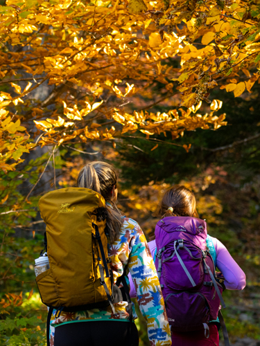 two women hiking in foliage background