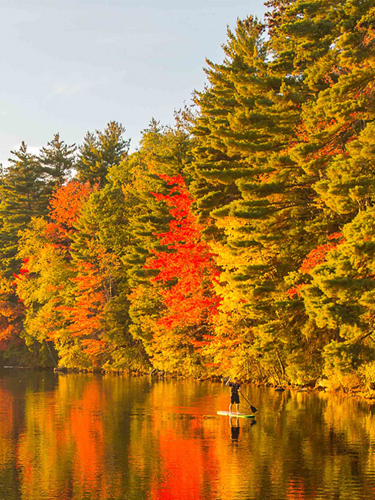 young man kayaking at pawtuckaway state park in autumn