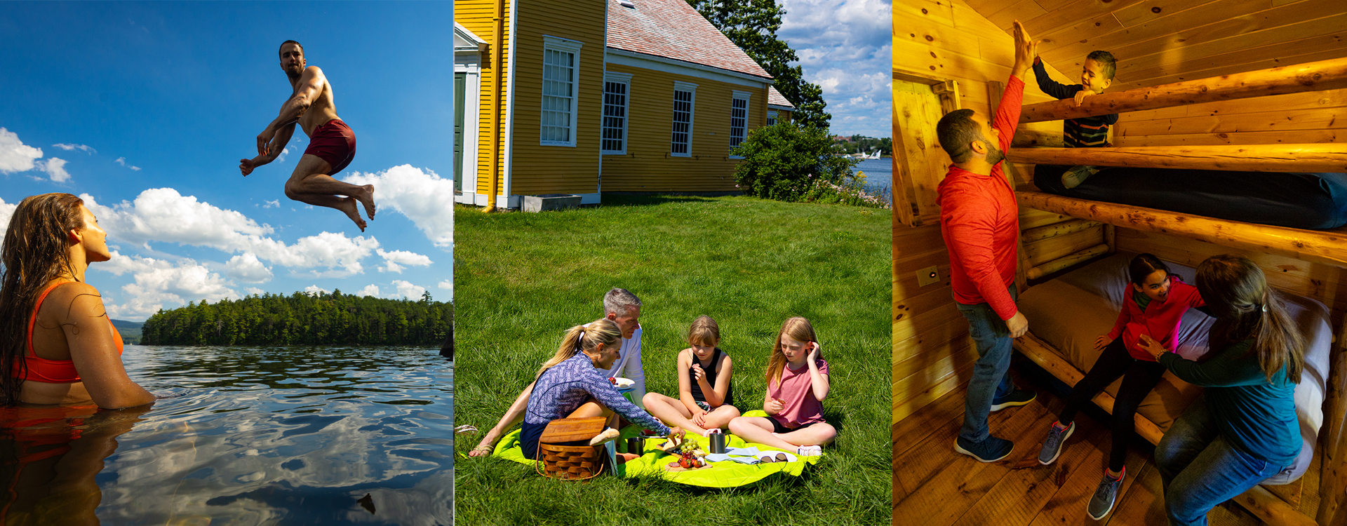 swimming picnicking camping in a cabin