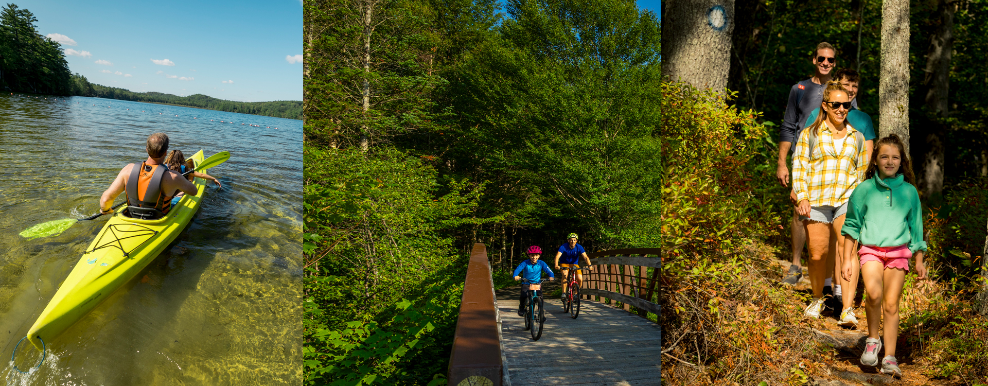 things to do banner showing a kayaker father and son biking, family hiking in the woods