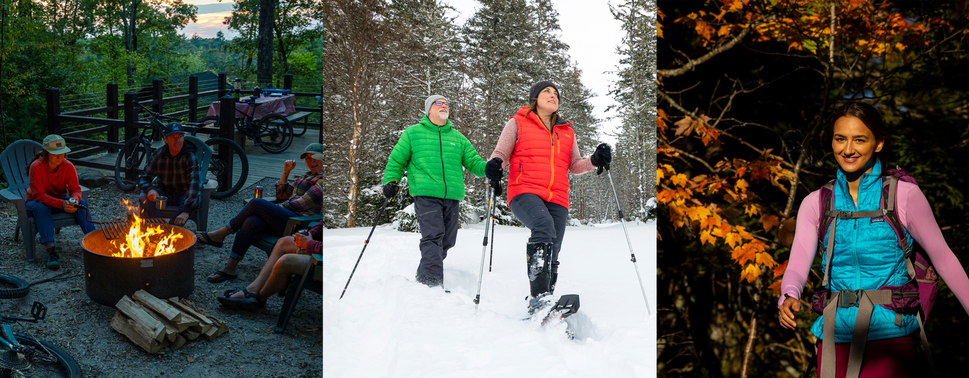 collage of camping snowshoeing and hiking activities