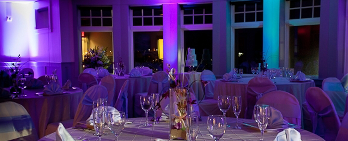 seashell event space evening wedding setup