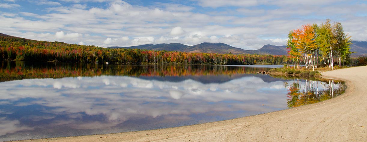 Reflection of trees and mountains on lake