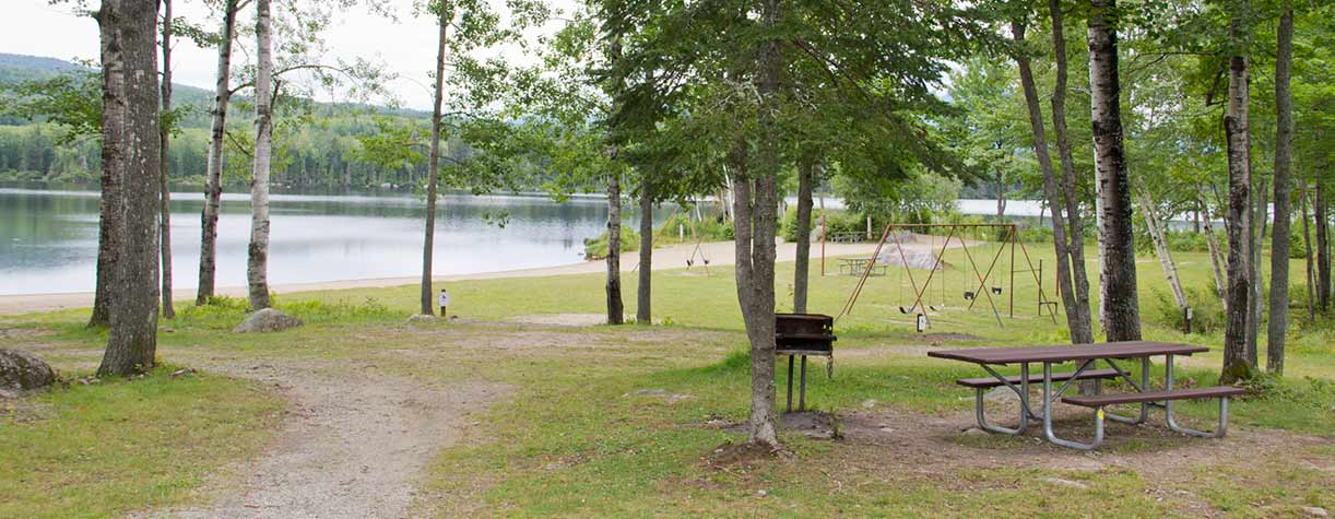 Picnic tables and playground near lake